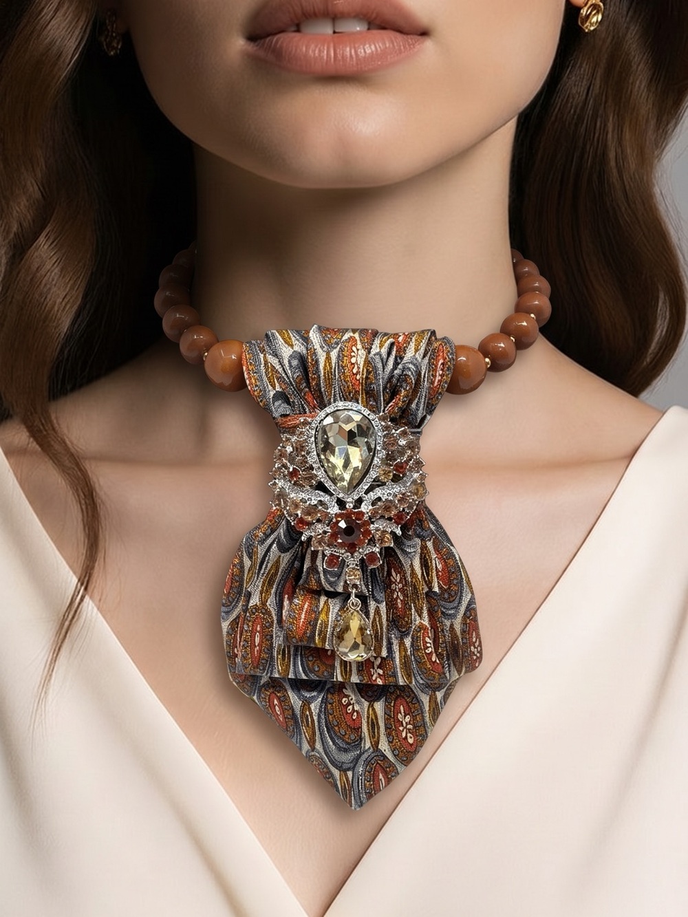 CHIC CHICK UPCYCLE | Elegant Multicolor Bead Necklace with Crystal Brooch